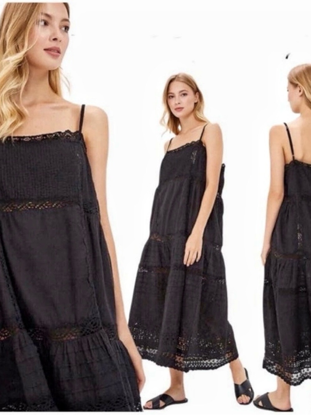 Free People Black Lace-Trim Midi Sundress